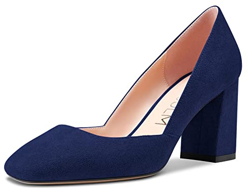 HDEUOLM Mujer Chunky Ancho Medio Heel Cuadrada Punta Pumps Slip-on de Boda Oficina Clásico 7.5 CM Heels Zapatos Azul Marino 38 EU