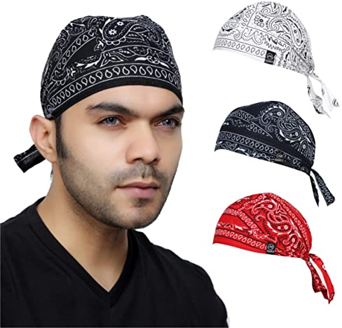 BISMAADH 4 Pack Cotton Doo Rags Helmet Liner Beanie Skull Caps Hats Dew Rags Bandana Headwrap Sweat Hard Hat for Men (Paisley4 - Black,Blue,Red,White)