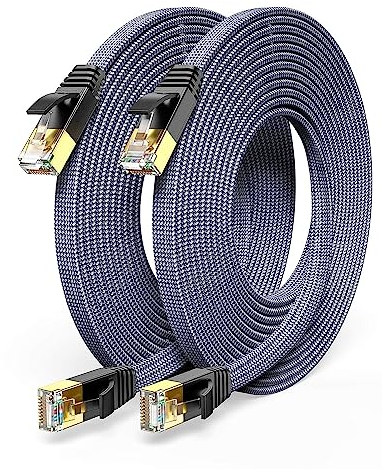 Snowkids Cat7 Câble Ethernet 5m 2PACK, Haute Vitesse Réseau 10Gbit/s 600MHz Plat Tissage de Nylon Patch Câble STP Câble Ethernet RJ45 Compatible avec Routeur Modem Switch TV Box PC PS/4/5