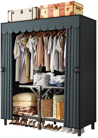 LEAIJIAFY Foldable Clothes Hanger with Cover Portable Wardrobe, Metal Standing Armoire Wardrobe Clothes Rack with Gray Fabric Cover,One-Piece Folding Base,25MM Steel Tube for Bedroom