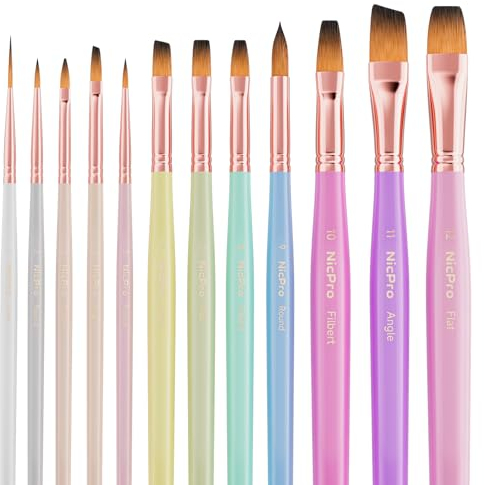 Nicpro 12 PCS Artist Paint Brush Set, Aesthetic Pastel Paintbrushes Craft Paint Brushes for Acrylic Painting, Oil, Watercolour, Gouache, Tempera, Face, Art Supplies for Artists and Beginners