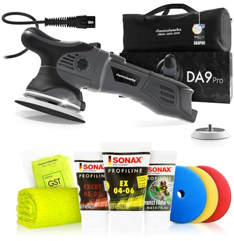 Poliermaschinen Set: chemicalworkz DA9 Pro Exzenter Poliermaschine + Sonax Politurset + Royal Pads Premium Polierpads - Auto Politur, Lack polieren, Kratzer entfernen, Aufbereitung | 8-tlg.