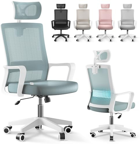 JUPPLIES Silla Escritorio Ergonomica - Silla Oficina Ajustable y Reclinable con Soporte Lumbar, Reposacabezas Ajustable, Malla Transpirable, Ruedas Giratorias 360° Soporta hasta 120kg (Azul)