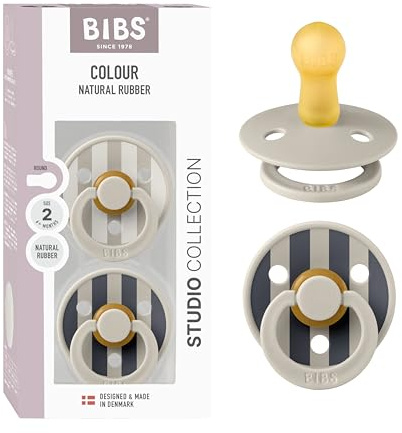 BIBS Pacifiers - Colour Studio 2 Pack | Round Nipple Baby Pacifier | BPA Free Natural Rubber Latex Soother | Made in Denmark | Size 6+ Months | Block Sand