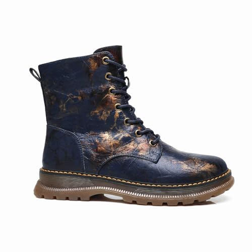 IVACHY Ladies Combat boots- Chunky - Womens Lace up ankle boots- Zip up Closure- Metalic- VEGAN- Warm Lining- Size UK 3 to 7.5