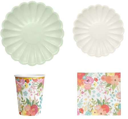 OH YEAH - Set Vajilla Desechable Fiesta 6 Personas Floral- Vasos Cartón 270 cc + Platos Cartón Ø18 y Ø23 cm + Servilletas Papel - Menaje para Cumpleaños y Eventos - FIESTA COLOR FLORAL