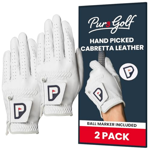 PUR3 Cabretta Leather Golf Gloves Men Left Hand and Right Hand | with Putting Aim Ball Marker | Real Genuine Ultra Soft Cabretta Leather Golf Glove | Multi-Pack