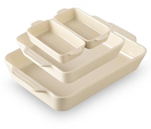 Sweejar Ceramic Bakeware Set of 4, Casserole Dishes for Oven, Rectangular Baking Dish with Handles, Lasagna Pans Deep for Cooking, Gratin, Roasting, Banquet and Daily Use (Beige)