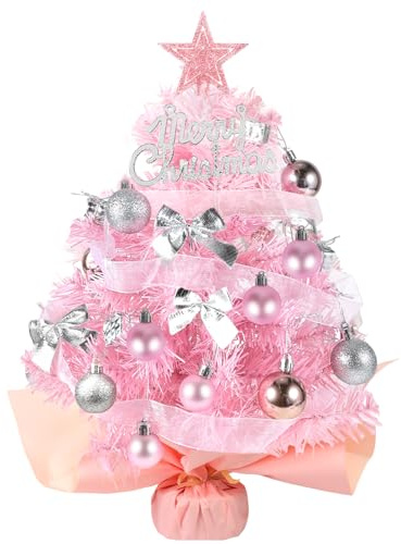 HOWAF Arbol de Navidad Pequeño, Mini Arbol de Navidad Rosa Artificial 60 cm para Navidad Decoración Casa o Oficina de Mesa, con 26 Decorado Adornos de Bolas