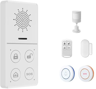 WiFi smart inbrottslarm-kit (värd, dörr/rörelsesensorer, SOS-nödknapp, dörrklocka, fjärrkontroll), hemsäkerhet och automatisk, inbrottslarm 130 DB, fungerar med Alexa.