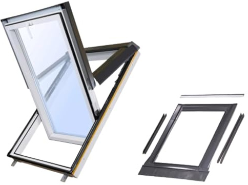 Dachfenster Set für Schweizer Arbonia Gruppe 66 x 98 cm SkyLight Kunststoff-Dachfenster mit Eindeckrahmen, Hochschwingfenster, Öffnungsfunktionen, feuchtigkeitsbeständig, inkl. Dämm- & Anschluss-Set