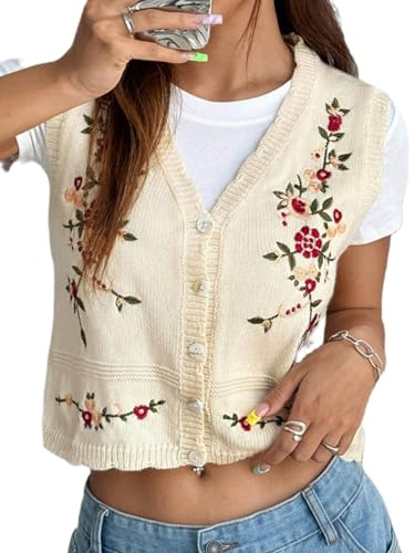 Kouoybt Maglione da donna ricamato vintage senza maniche, con scollo a V, con bottoni sul davanti, cardigan all'uncinetto, A-grigio rosato pallido, M
