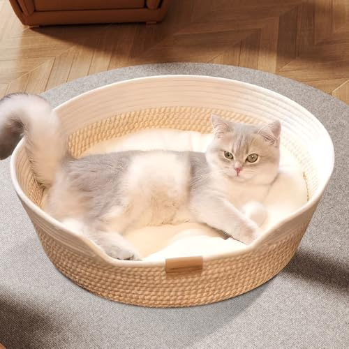 Nzkeuf Cama para Gatos con Cojín, 48 cm Lavable Cesta Cama para Gatos, Cesta de Algodón Trenzado, para Dormir para Todos los Gato, Universal para Todas Las Estaciones