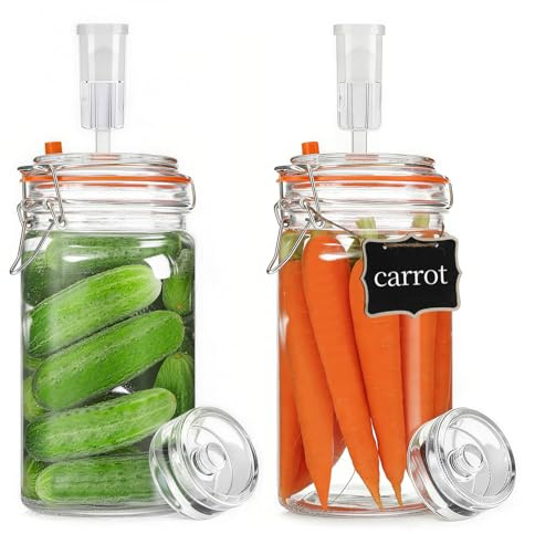 Rlssaki 2 Pezzi Barattoli per Fermentazione,1000ml Barattoli di Fermentazione con Pesi e Gorgogliatori, Ermetici Contenitore Kimchi e Conservazione, per Kimchi, Crauti, Kombucha, Verdure Sottaceti