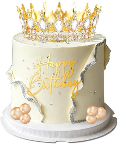 Corona per Torta, 8 Pezzi Corona Decorazioni Torte Compleanno, con Palline Decorative per Torte, Happy Birthday Cake Topper, Decorazione per Torta per Compleanni, Matrimoni, Feste (Bianco dorato)