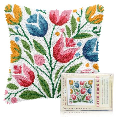 FREEBLOSS 17x17 Latch Hook Kit for Adults Beginners Tulip Pattern Pre Printed DIY Crochet and Latch Hook Cushion Kit Pillow Cover for Home Sofa Decoration, with Instructions