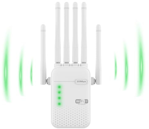 Repetidor WiFi con 6 Antenas de Largo Alcance, 2 Puertos Ethernet, Compatible con Casi Todos los routers, se instala en un Momento con WPS y Elimina Las Zonas sin Cobertura en tu casa.