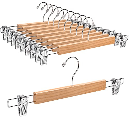 Amber Home 36cm Natural Wooden Pants Hangers 10pcs, Smooth Wood Skirt Hanger Organizer with Adjustable Anti-Slip Chrome Clips, Space Saving Solid Clothes Hangers Rack for Bottoms Jeans Slacks Trousers