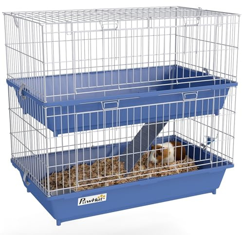PawHut 2-Tier Guinea Pig Cage, Ferret Cage, Chinchilla Cage, Small Animal Cage Indoor with Dish and Bottle, 2 Doors, Deep Bottoms, Ramp, 28, Blue