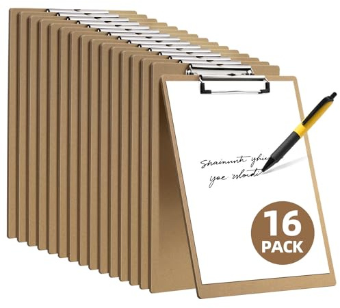 HappyHapi 16 Pack Clipboard 8.5 x 11 Letter Size Clip Boards Bulk, A4 Wooden Hardboard Office Clipboards Pack for Classroom, Work-Meetings, Brown