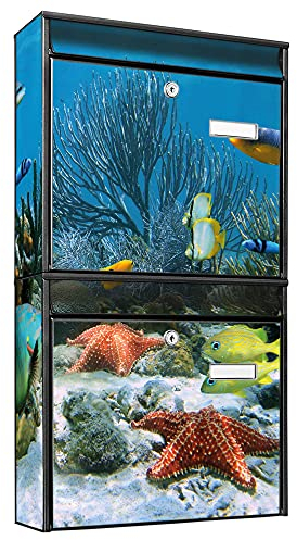 banjado Briefkastenanlage 2 Fach - 2 Briefkästen 36x64x10cm groß - Doppelbriefkasten Set - Namensschild, 2 Schlüssel, Montagematerial - Stahl verzinkt schwarz - Motiv Korallenriff 1