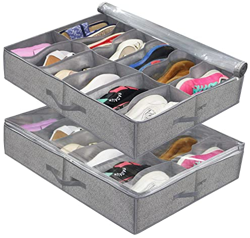 Dproptel Under Bed Shoe Storage Organizer for Closet Fits 12 Pairs - Sturdy Underbed Shoe Container Box Bedding Storage with Clear Cover Set of 2 (Shoe box)