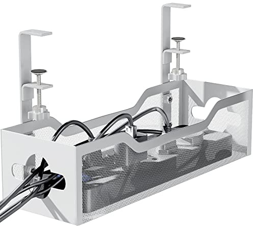 Quszmd Plateau de Gestion des câbles sous Le Bureau de 34 cm, Organiseur de câbles sans perçage, Organiseur de Cordons Debout et Plateau de Gestion des Fils – N'endommage Pas Le Bureau, Blanc