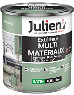 Julien Peinture Multi-Matériaux Satin en phase Aqueuse - Bois, Fer, Alu, PVC, Zinc, Acier galvanisé, brut ou peint - Vert Provence 0,5 L
