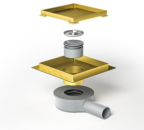 Bernkot Canalina per doccia quadrata 15 x 15 cm, sifone a 360° con sistema antiodore e setaccio per capelli 2 in 1, in acciaio inox, molto piatto, DN50 DN40, colore: oro