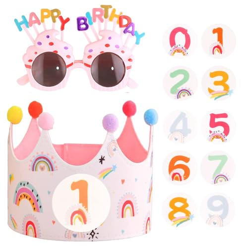 Geburtstagskrone Kinder, Stoff Kinderkrone, Geburtstag Kinderkrone Mädchen, Geburtstagskrone Filz mit Austauschbaren Zahlen von 0-9, mit 1 Paar von Partybrillen für Geburtstagsparty Ankleiden