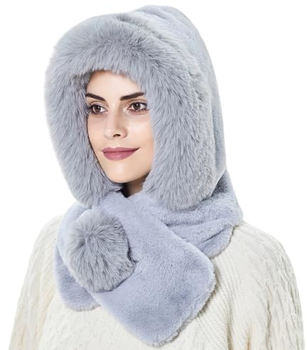 Rayson 2 in 1 Hiver Chaud Tricoté Bonnet et Ensembles de Cache-Cou Cagoule Polaire Hiver Femme Bonnet Tour de Cou Chapeau Ski Balaclava Chapeau Multifonction,Gris