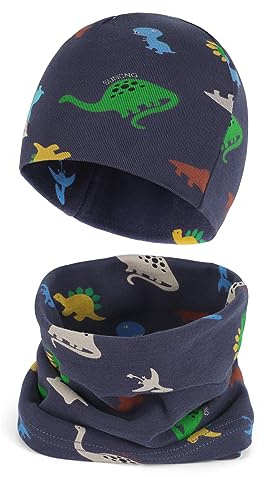 Cheerful Mario Set de Bufanda y Gorro Para Bebe Niño Niña Doble Capa Beanie y Braga Cuello de Algodón Suave Dinosaurios Gris 6-24 Meses