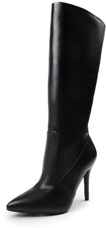 Fashion Thirsty Womens Knee High Stiletto Heel Mid Calf Boots Ladies Comfort Stretch Panel Lightweight Winter Boot Pointed Toe Side Zip Faux Leather Shoes