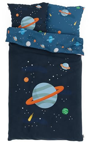 Bärenwerke MB 1020 A Kinderbettwäsche Weltraum 135x200 cm - 100% Baumwolle, Reißverschluss, maschinenwaschbar, 2-teiliges Bettwäscheset für Kinder
