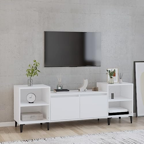TJROO TV-Schrank, weiß, 160 x 35 x 55 cm, mehrschichtiges Holz, Metall, TV-Konsole, Unterschrank, TV-Schrank, niedriger Schrank mit Türen, TV-Schrank, Vitrine mit Türen
