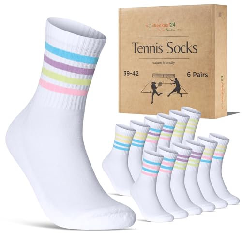6 Paar Tennissocken Damen 39-42 Weiß Sportsocken Atmungsaktiv Damensocken Baumwolle Retro Crew Socken (Weiß bunte Ringel 39-42)