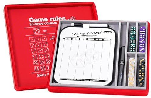 AUSIIBTO Dice Tray and Storage Case for Farkle Game - Includes Embedded Scoring Combinations, 4 Sets of 6 Pearl Dice, 50 Sheet Score Pad and Pen Holder for The Classic Family Game - Red and Grey