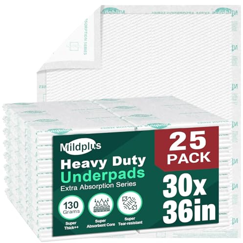 MILDPLUS Heavy Duty Underpads 30X36, 25 Count, Ultra Absorbent Chucks 130 Grams Tear-Resistant Disposable Bed Pads with Strength Cloth Backing Incontinence Pads for Adults, Kids or Pets