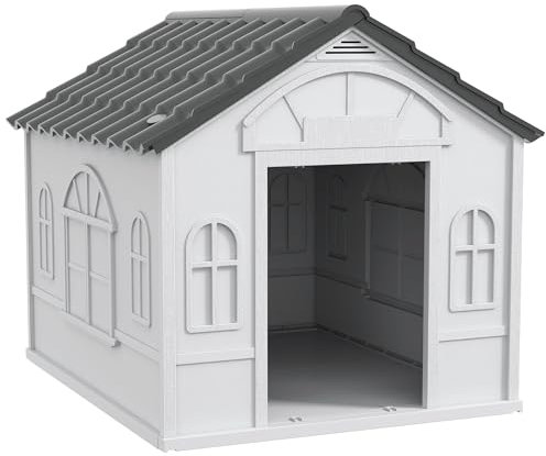 PawHut Caseta Perros Exterior 84,2x98,2x82 cm Casa para Perros con Patrón de Ventana y Techo de Tejas de Imitación para Perros Medianos en Interior y Exterior Gris y Blanco