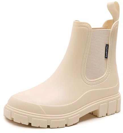 DRECAGE Gummistiefel Damen Wasserdicht Stiefel Damen Halbhoch Ankle Chelsea Boots Stylisch Stiefeletten mit Rutschfest Sohle Beige 40