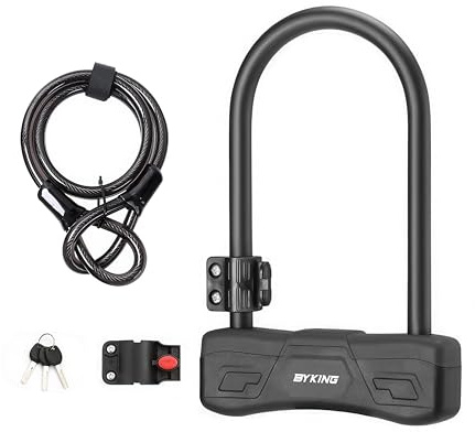 BYKING Bike Lock, Heavy Duty Bicycle D Lock with Cable, 3 High-Security Keys and 1.2m Steel Cable for Road, Electric, Folding, Mountain Bike and Scooter.