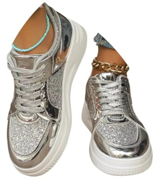 Minetom Femme Basket À Paillettes Basse Tenis Plateforme Lacets Chaussures Scintillantes Décontractées Sneakers