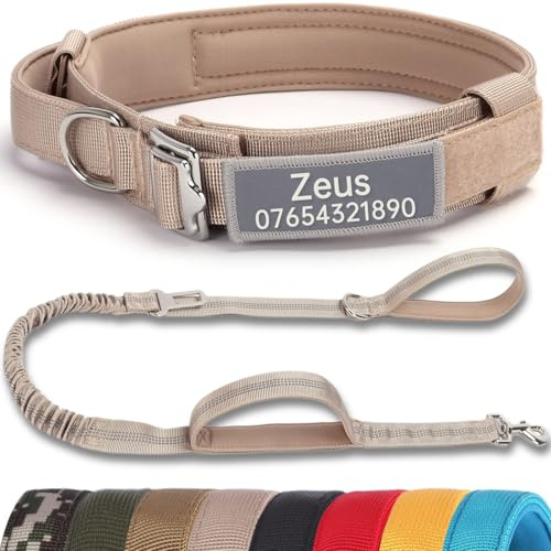 SEOUGEE Taktiskt hundhalsband personligt med handtag och koppel, mjuka vadderade hundhalsband med anpassat reflekterande namnlapp, husdjurshalsband med bärbart spänne för medelstora hundar (beige set