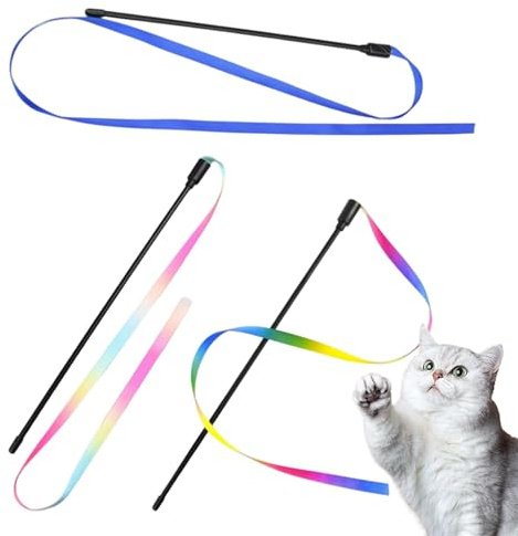 Zolventiq 3 Pcs Cat Wand Toy Set, Interactive Cat Teaser Wand Toy, Colorful Fabric Ribbon Rainbow String Toy Cats for Kitten Exerciser Accessories Cats Training Playing Indoor Pet Interactive Toys