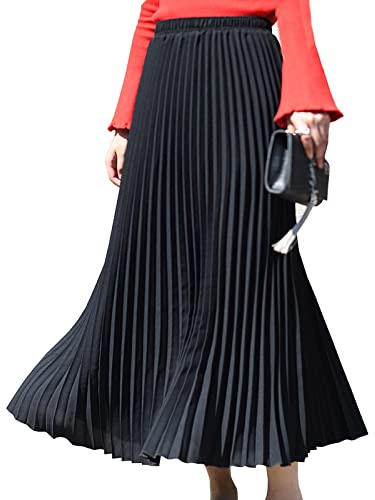 Lunga Gonna da Plissettata Donna Gonna di Pieghe Vita Elastica Solida Colore Maxi Gonne Nero L