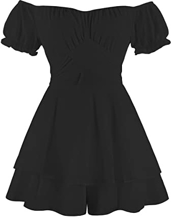 Women Boho Romper Off Shoulder Ruffle Chiffon Shorts Mini Dress Floral Print One Piece Casual Strapless Jumpsuit Double Layer Ruffle Hem Playsuits Beach Summer Dresses Overall Outfit Black Medium