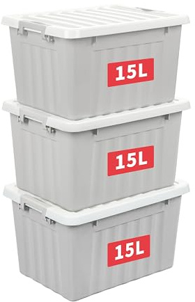 Cetomo 15L*3 Cajas de Almacenamiento con Tapas, Contenedores de Plástico con Broches de Enganche, Clip On, Apilables, Encajables, Organizador Rayado para Ropa Juguetes Armario, Gris, 15L-3 Pack