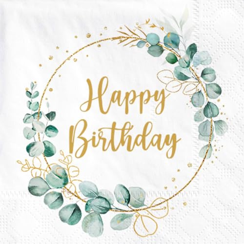 Sprinlot 40 Stück Servietten Geburtstag Eukalyptus, Servietten Salbeigrün, Happy Birthday Servietten, Serviette Eukalyptus Grün, Geburtstagsdeko Tisch Serviette Tischdeko Geburtstag Frau Mann