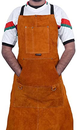 LE'RE Leather Apron for Men, Heat Resistant & Flame Resistant Bib Apron, Leather Welding Apron With 6 pockets for men Adjustable One Size Fit Most