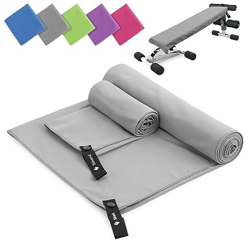 Serviette Microfibre Lot de 2 | 180 x 60 cm Serviette de Bain + 80 x 40 cm Serviette Main | Séchage Rapide & Ultra Absorbante - Serviette Sport Musculation pour Le Camping et Voyages (Gris)